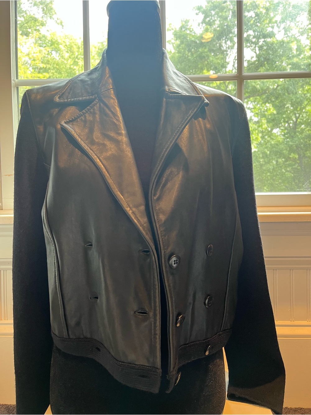 Vintage Anne Klein II Black Leather-Front Double-Breasted Jacket w/ wool sleeves - Picture 10 of 16